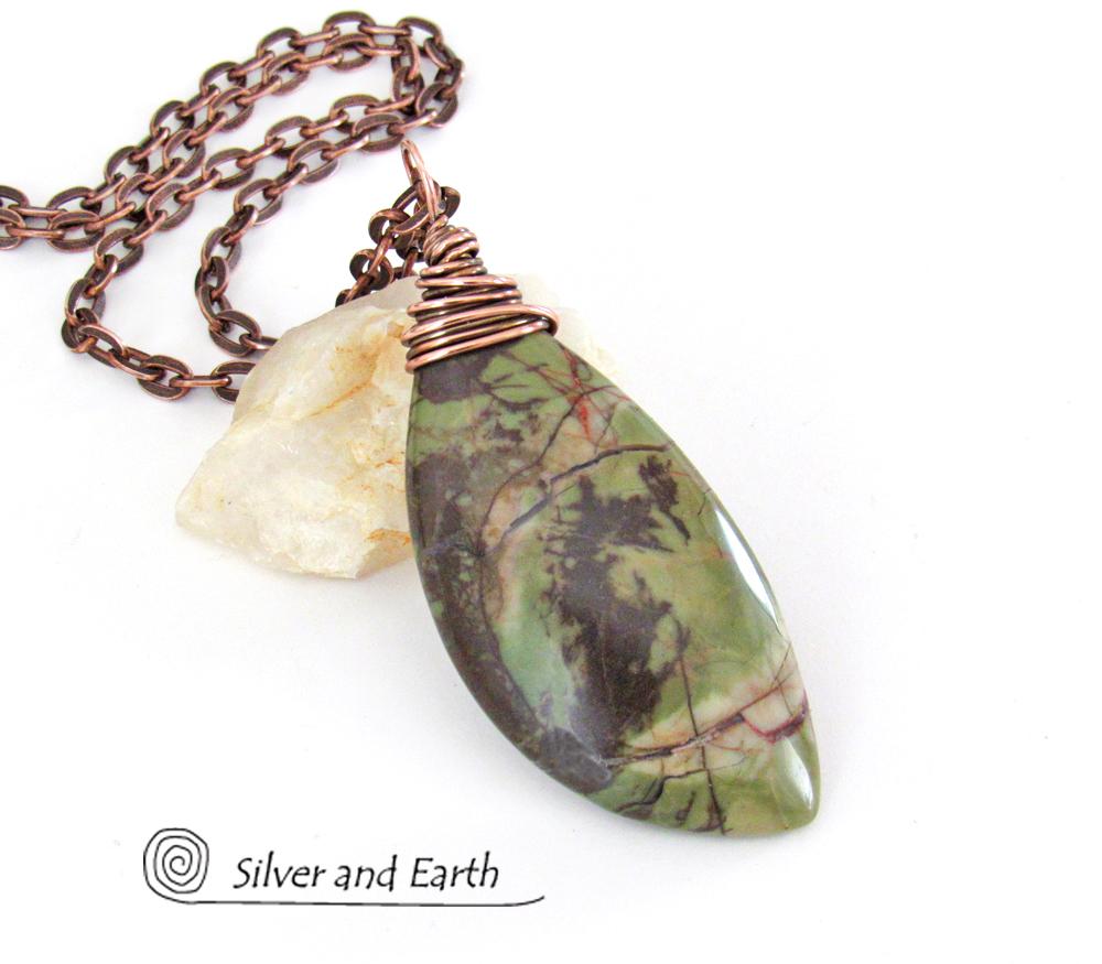 Green Rhyolite Jasper Pendant on Copper Chain - Wire Wrapped Stone Jewelry