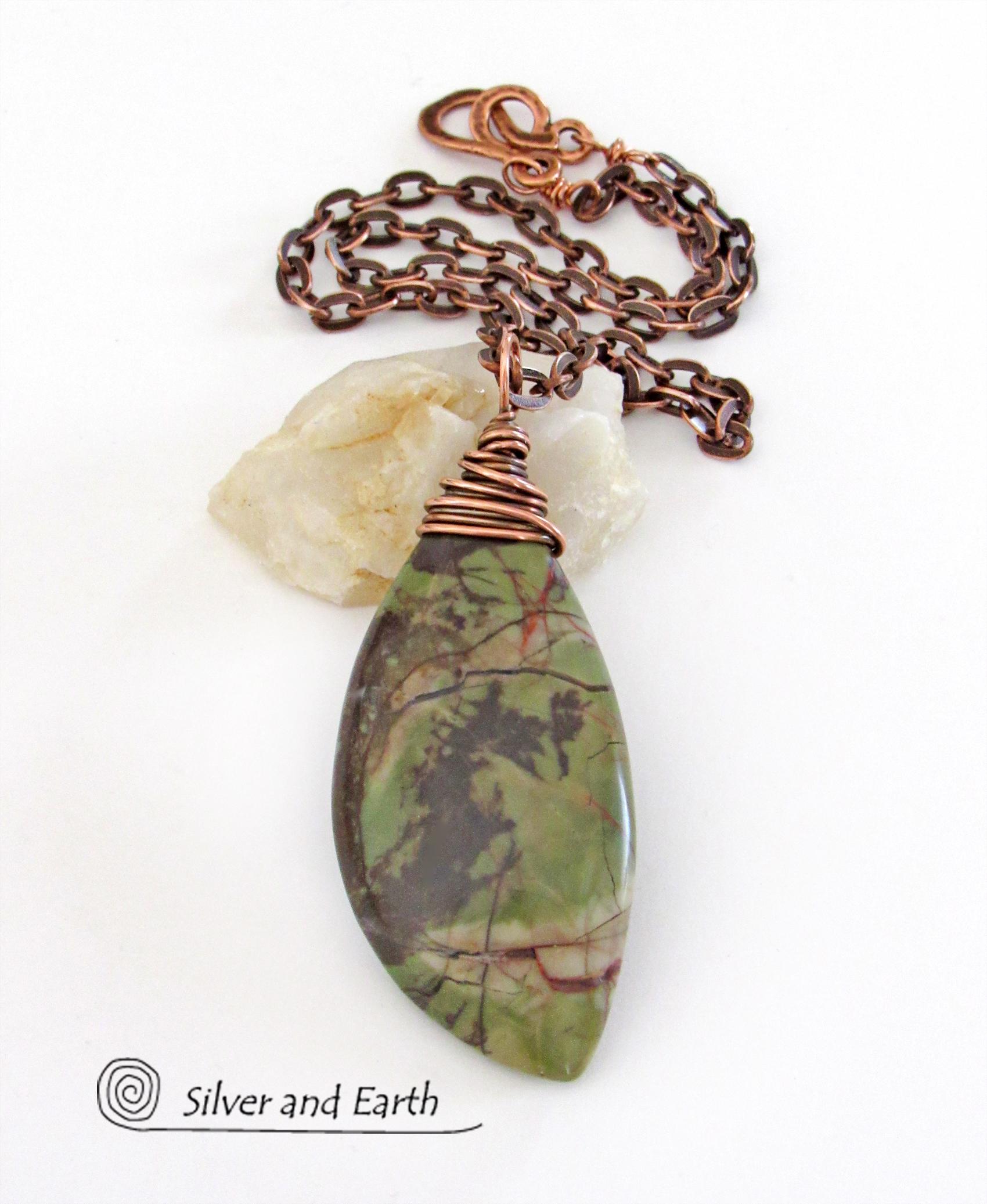 Green Rhyolite Jasper Pendant on Copper Chain - Wire Wrapped Stone Jewelry