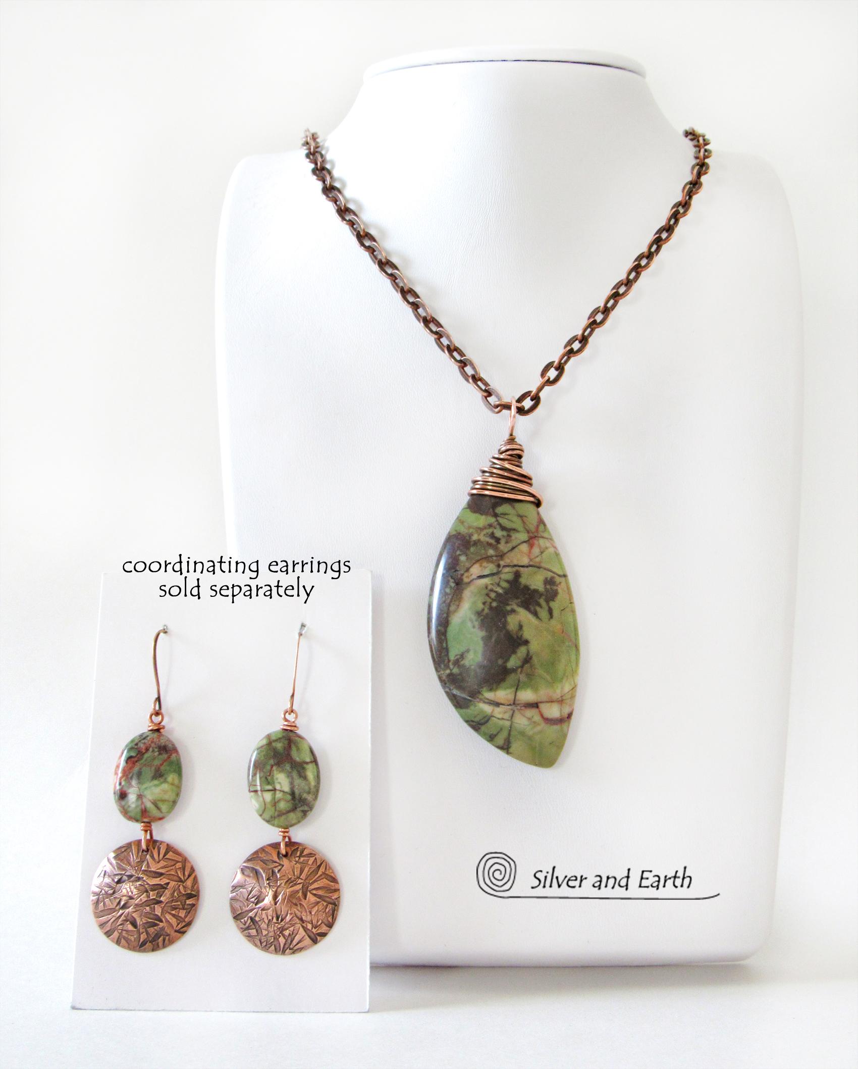 Green Rhyolite Jasper Pendant on Copper Chain - Wire Wrapped Stone Jewelry