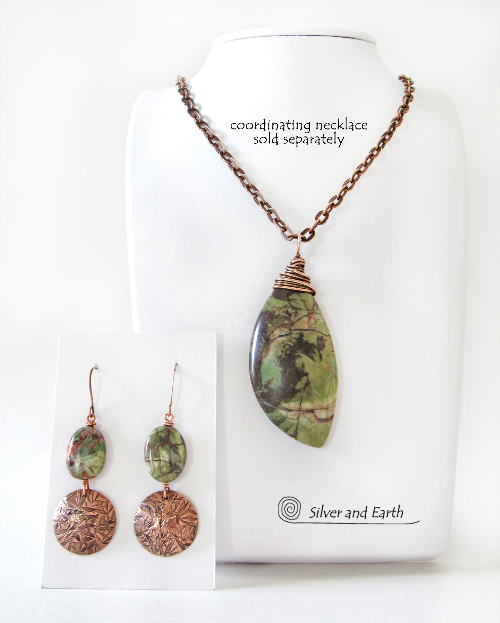 Textured Copper Dangle Earrings with Green Rhyolite Jasper Stones