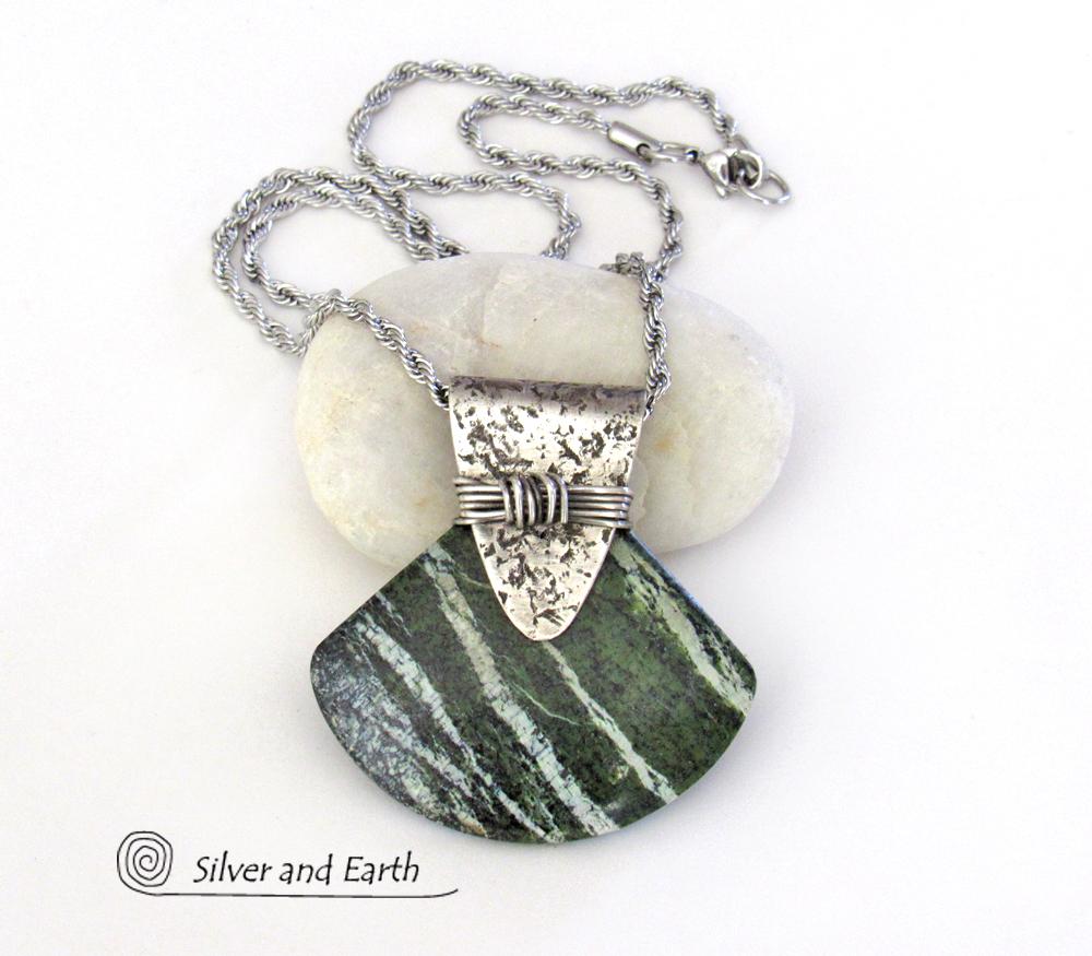 Green Zebra Jasper Sterling Silver Necklace - Unique Natural Stone Jewelry