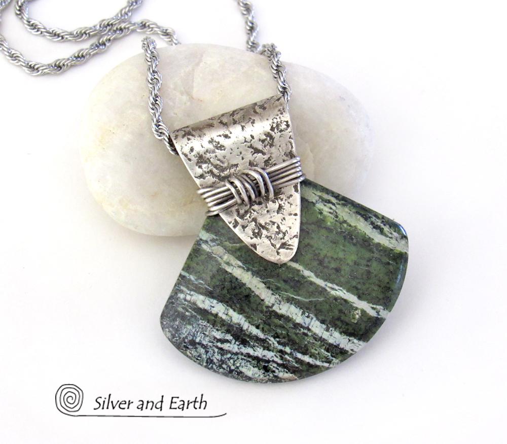 Green Zebra Jasper Sterling Silver Necklace - Unique Natural Stone Jewelry