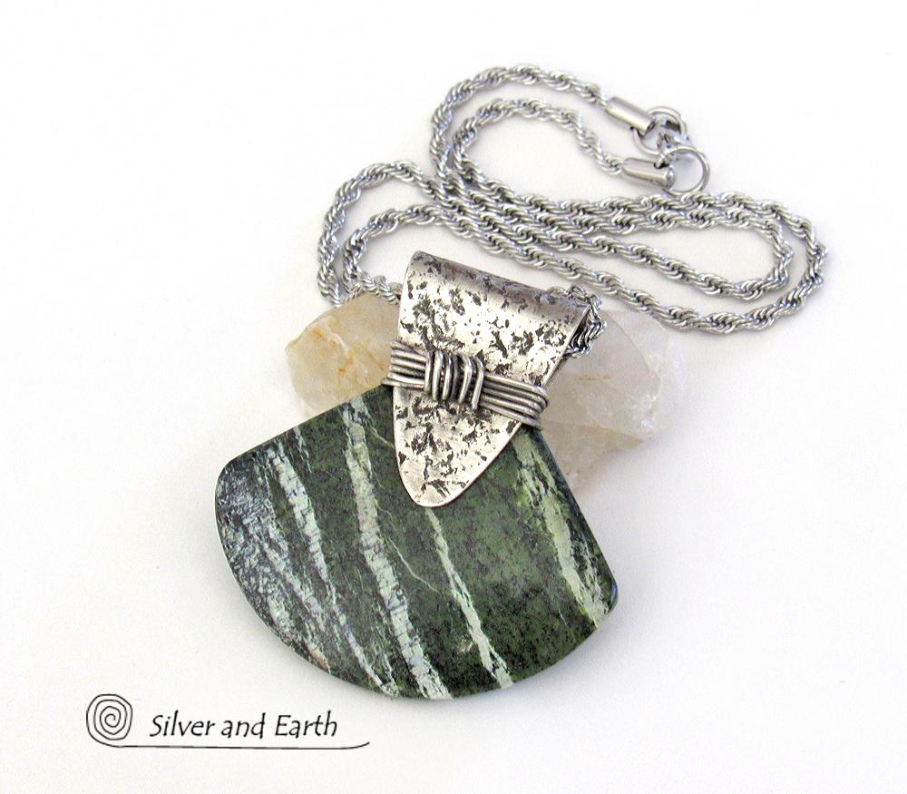 Green Zebra Jasper Sterling Silver Necklace - Unique Natural Stone Jewelry