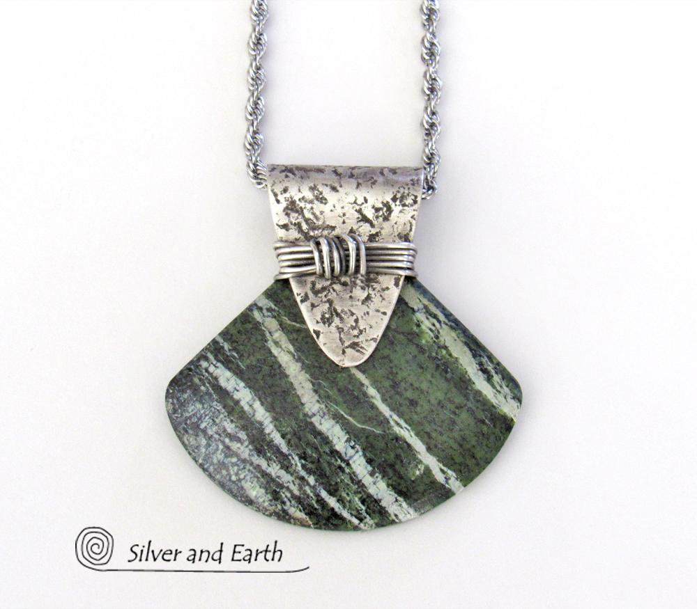Green Zebra Jasper Sterling Silver Necklace - Unique Natural Stone Jewelry