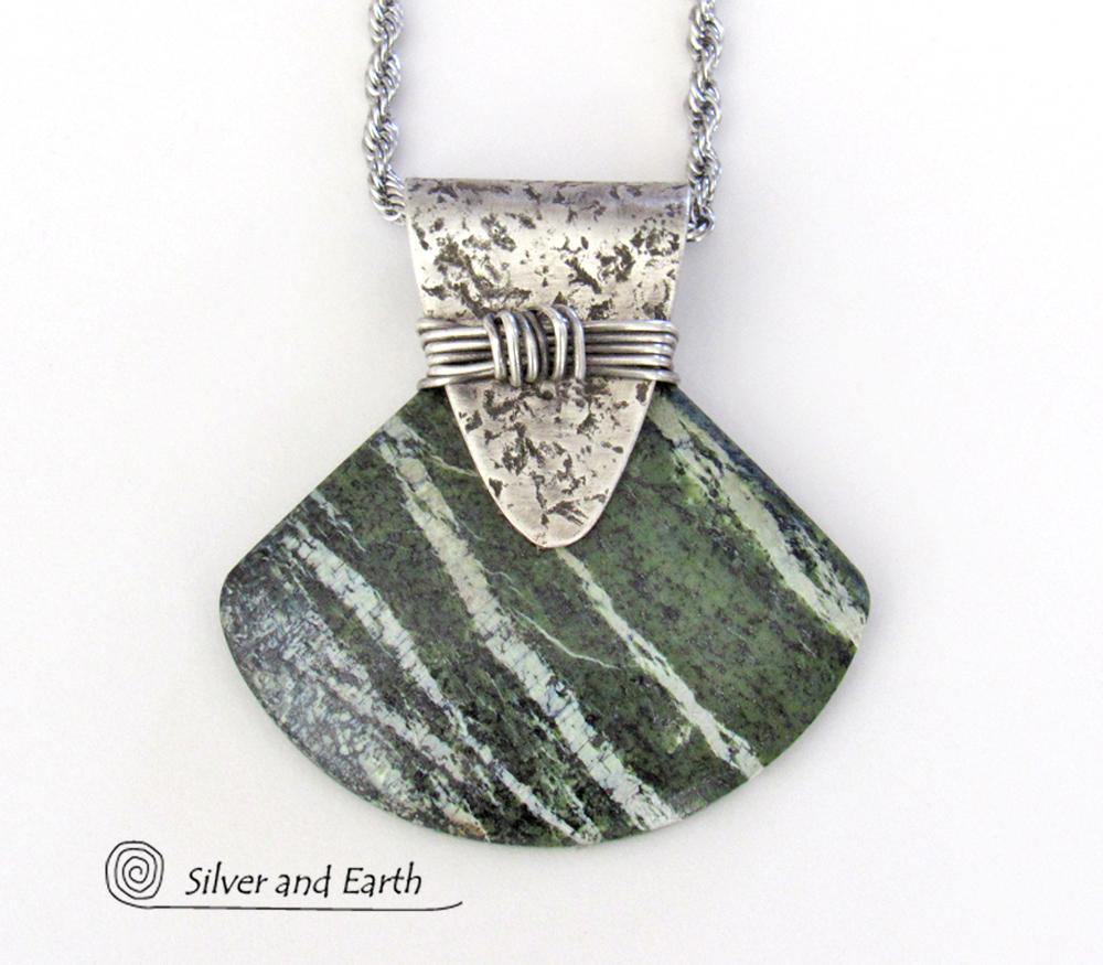 Green Zebra Jasper Sterling Silver Necklace - Unique Natural Stone Jewelry