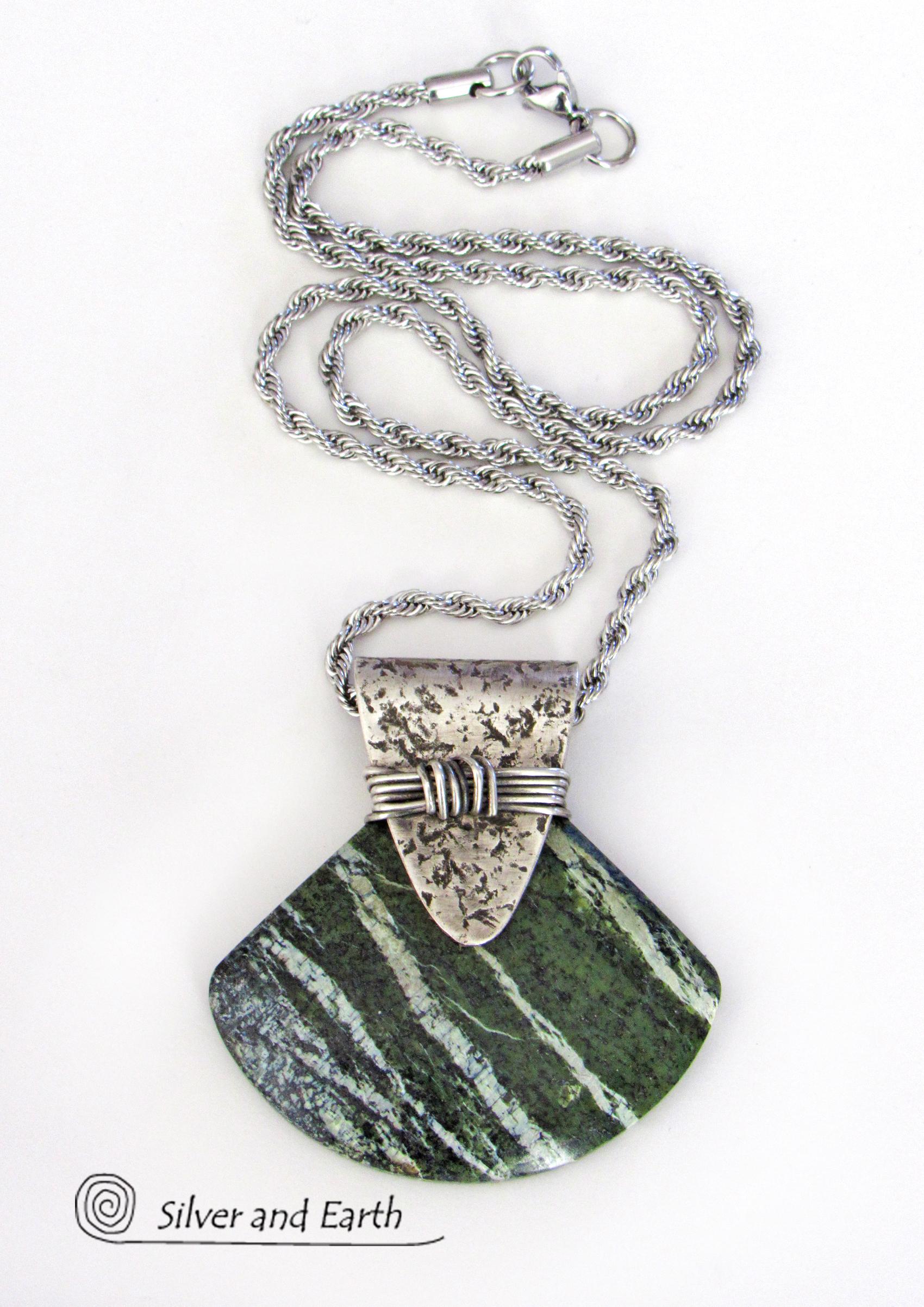 Green Zebra Jasper Sterling Silver Necklace - Unique Natural Stone Jewelry