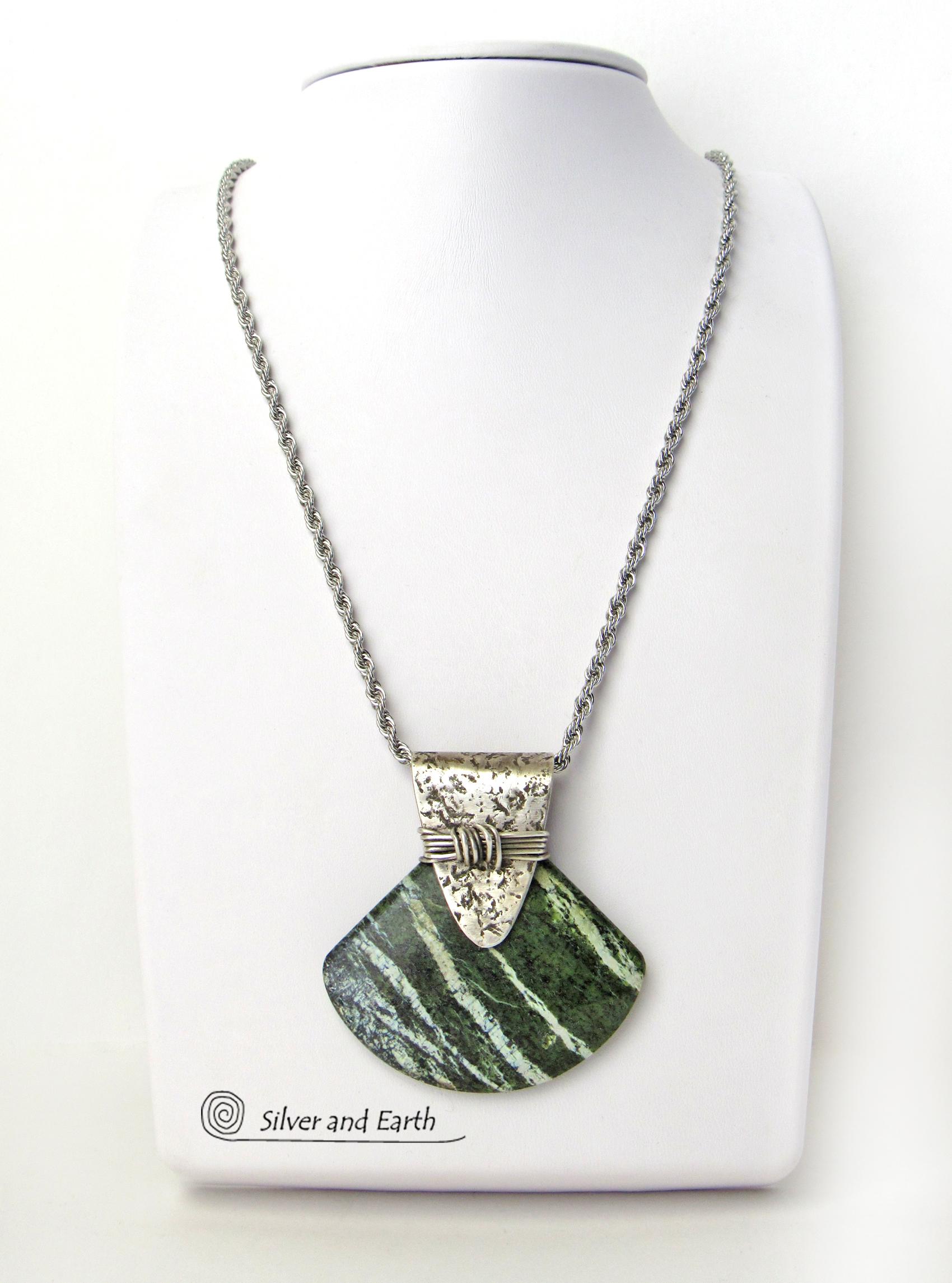 Green Zebra Jasper Sterling Silver Necklace - Unique Natural Stone Jewelry
