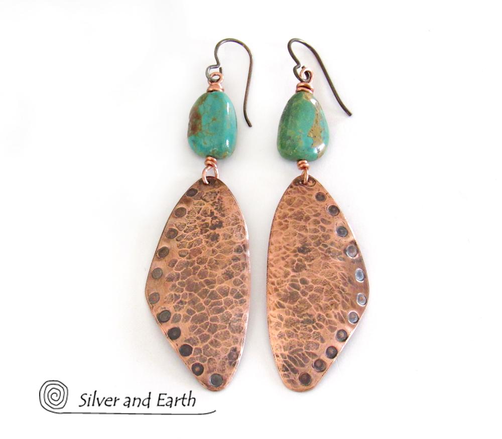 Long Hammered Copper Dangle Earrings with Natural Turquoise Stones