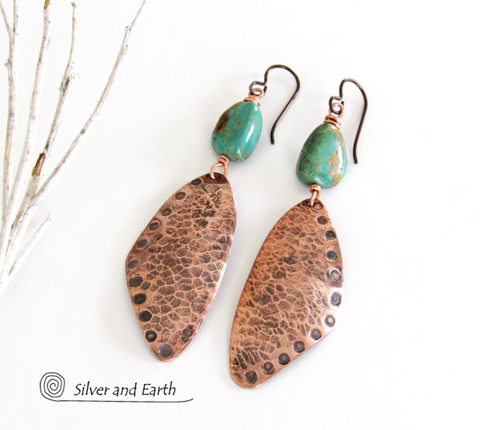 Long Hammered Copper Dangle Earrings with Natural Turquoise Stones