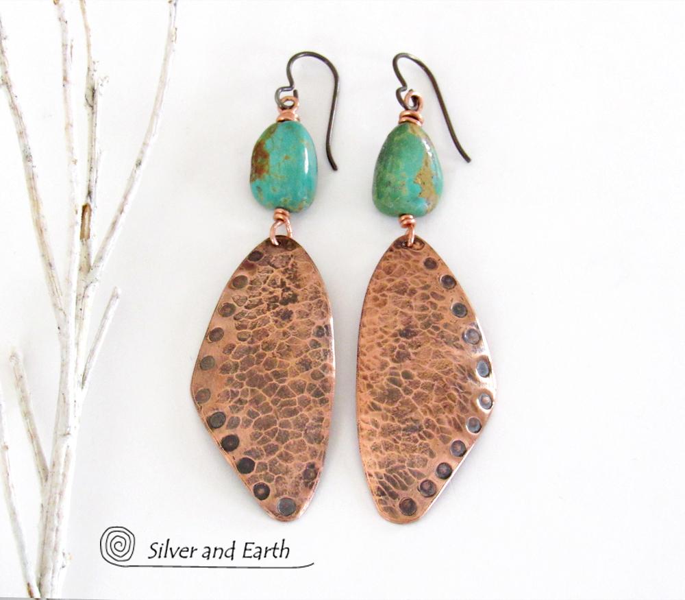 Long Hammered Copper Dangle Earrings with Natural Turquoise Stones