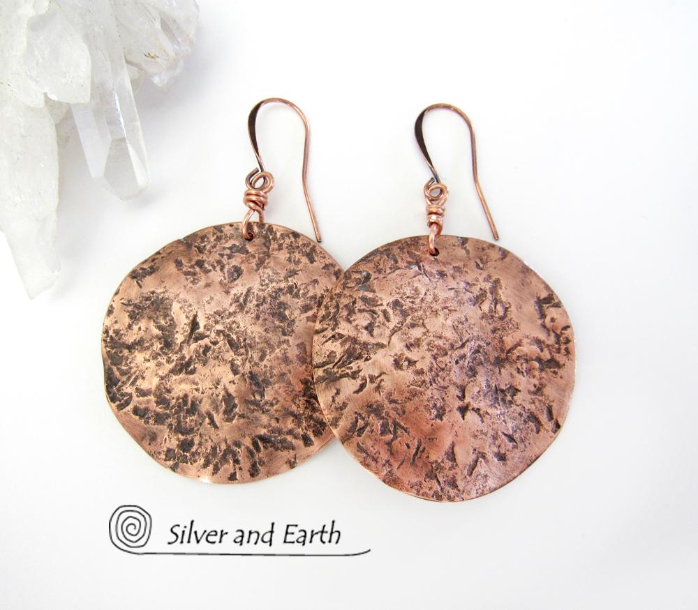 Large Hammered Copper Moon Earrings - Organic Earthy Jewelry