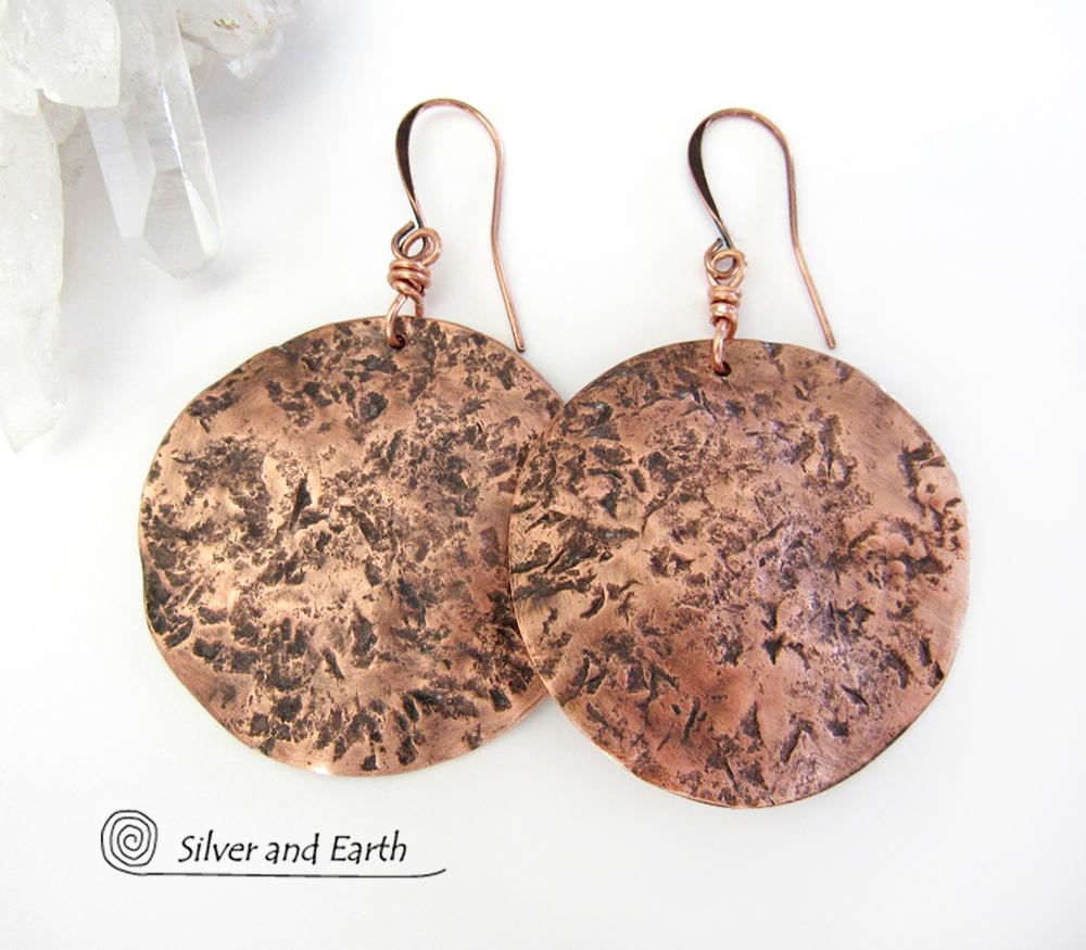 Large Hammered Copper Moon Earrings - Organic Earthy Jewelry