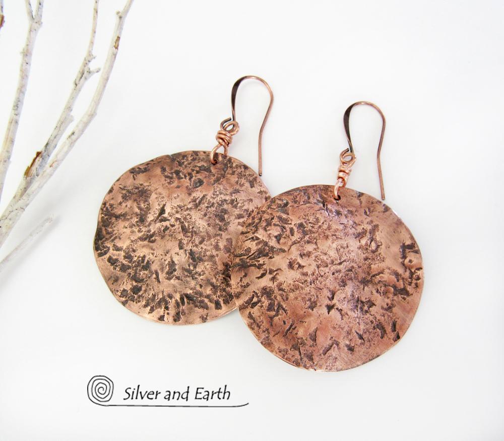 Large Hammered Copper Moon Earrings - Organic Earthy Jewelry