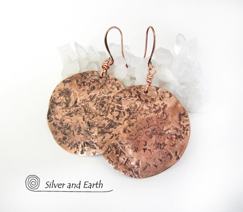 Large Hammered Copper Moon Earrings - Organic Earthy Jewelry