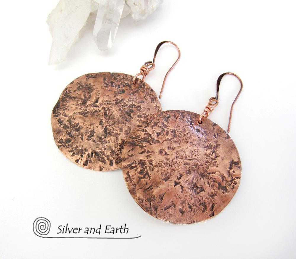 Large Hammered Copper Moon Earrings - Organic Earthy Jewelry