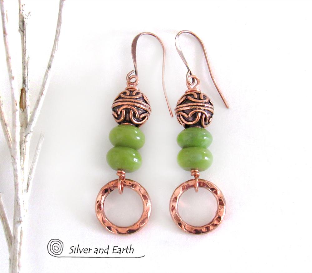 Hammered Copper Dangle Earrings with Green Serpentine Stones & Filigree Beads