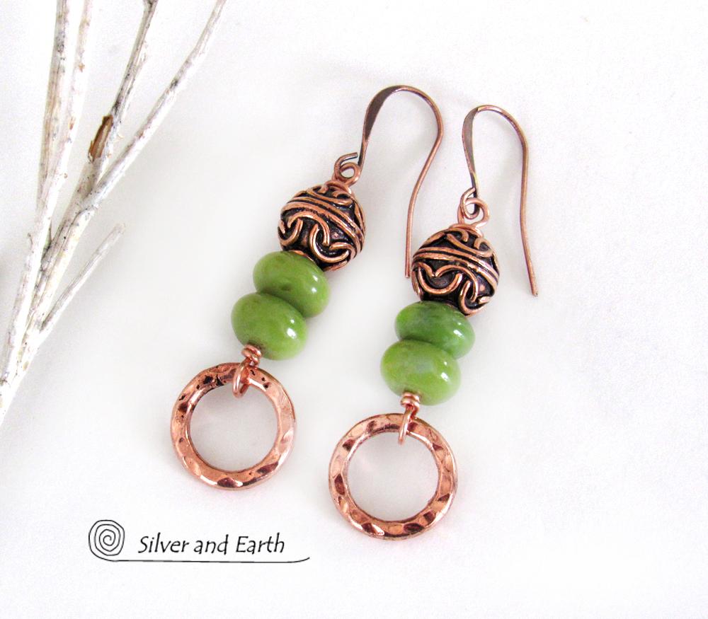 Hammered Copper Dangle Earrings with Green Serpentine Stones & Filigree Beads