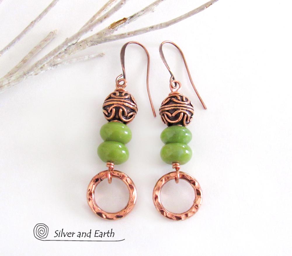 Hammered Copper Dangle Earrings with Green Serpentine Stones & Filigree Beads