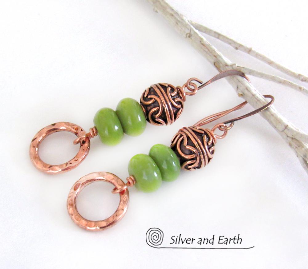 Hammered Copper Dangle Earrings with Green Serpentine Stones & Filigree Beads