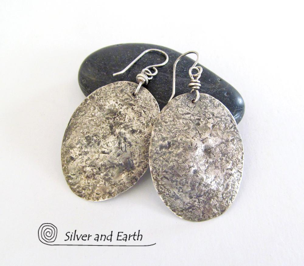 Hammered Sterling Silver Earrings - Rustic Earthy Organic Silver Jewelry