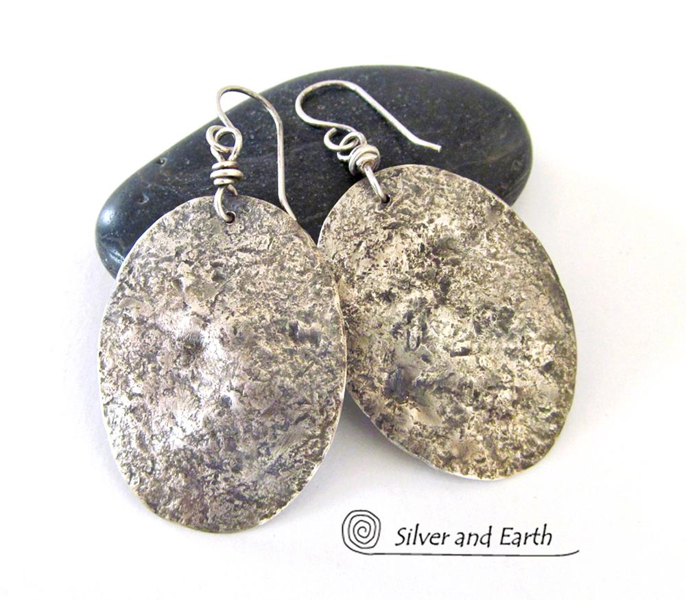 Hammered Sterling Silver Earrings - Rustic Earthy Organic Silver Jewelry