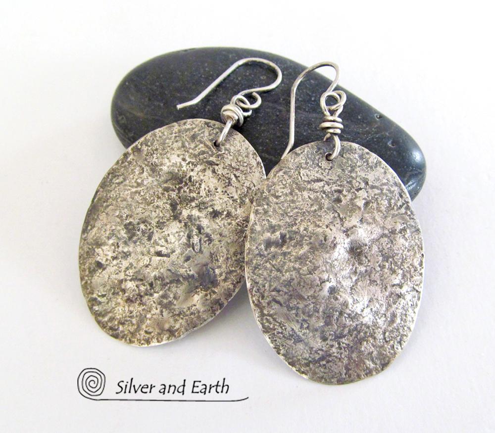 Hammered Sterling Silver Earrings - Rustic Earthy Organic Silver Jewelry