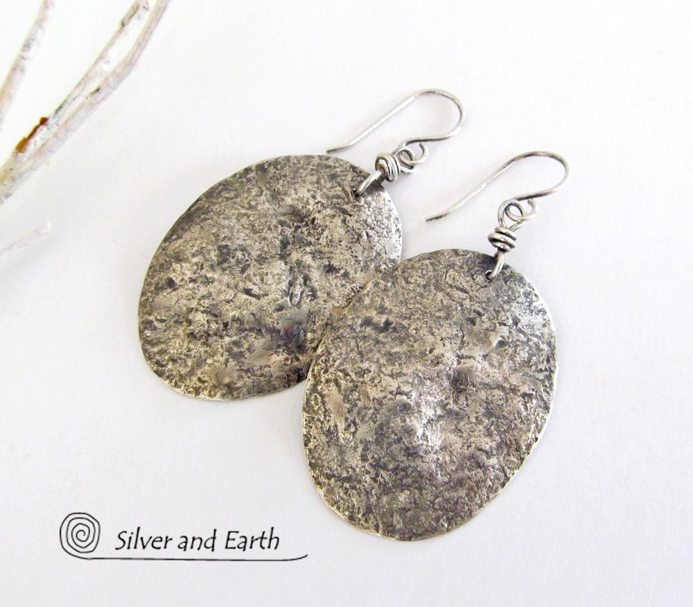 Hammered Sterling Silver Earrings - Rustic Earthy Organic Silver Jewelry