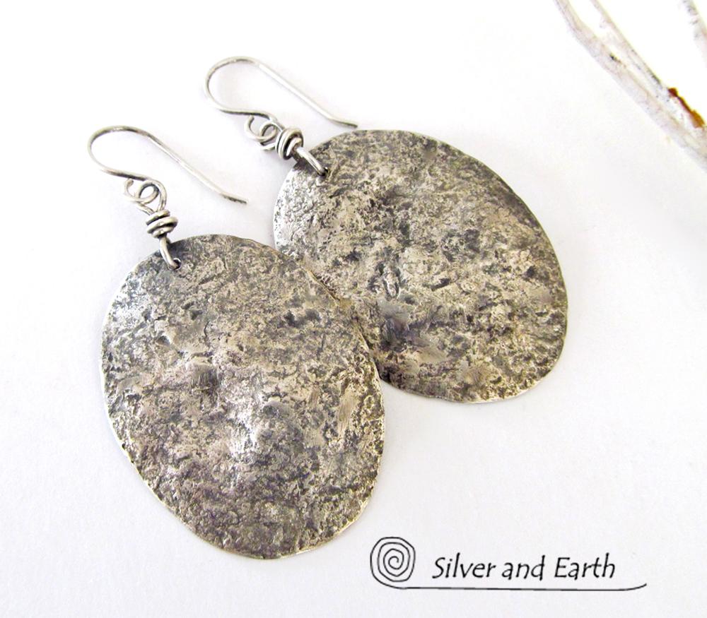 Hammered Sterling Silver Earrings - Rustic Earthy Organic Silver Jewelry