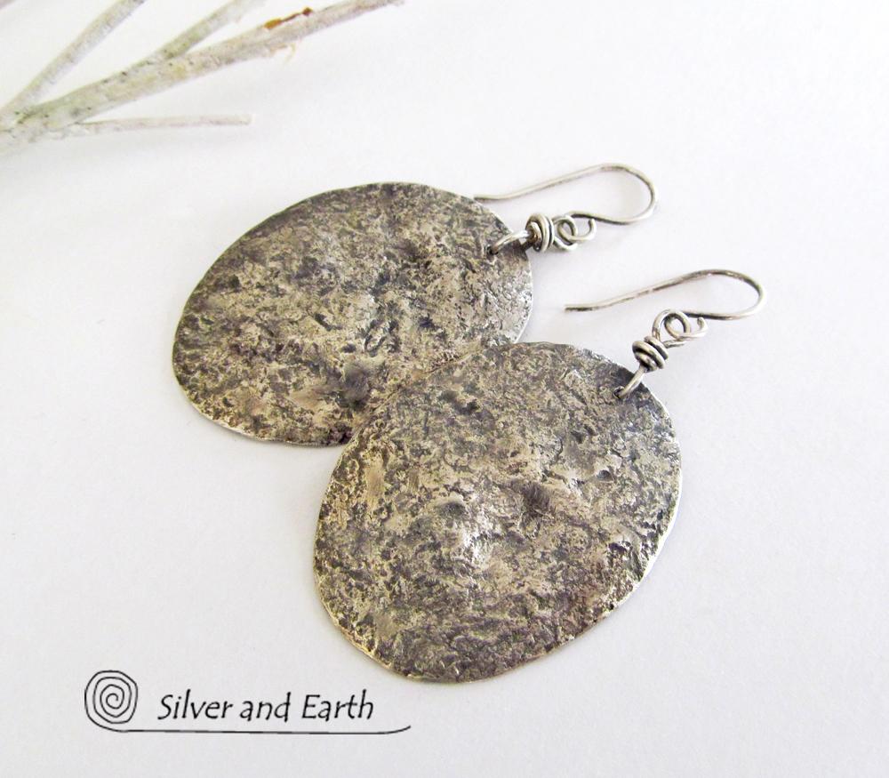 Hammered Sterling Silver Earrings - Rustic Earthy Organic Silver Jewelry