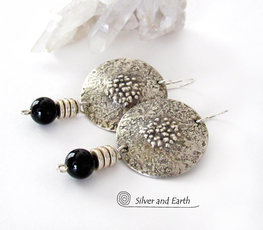 Textured Sterling Silver Earrings with Black Onyx - Chic Modern Stylish Jewelry