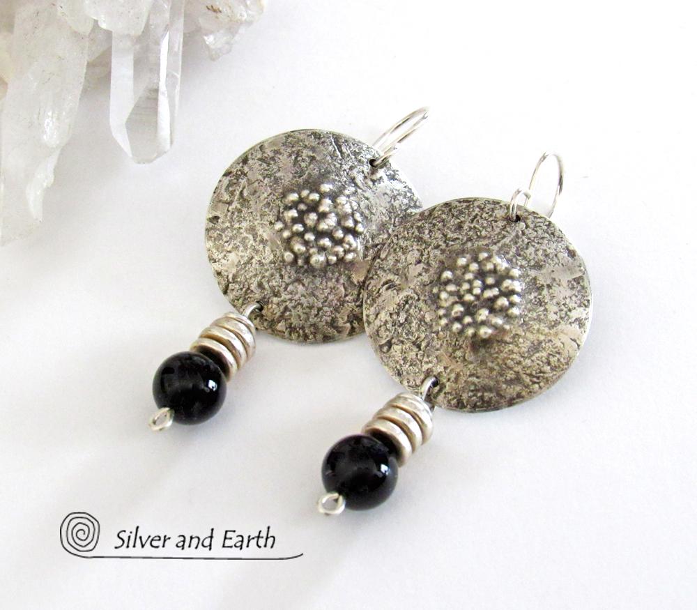 Textured Sterling Silver Earrings with Black Onyx - Chic Modern Stylish Jewelry