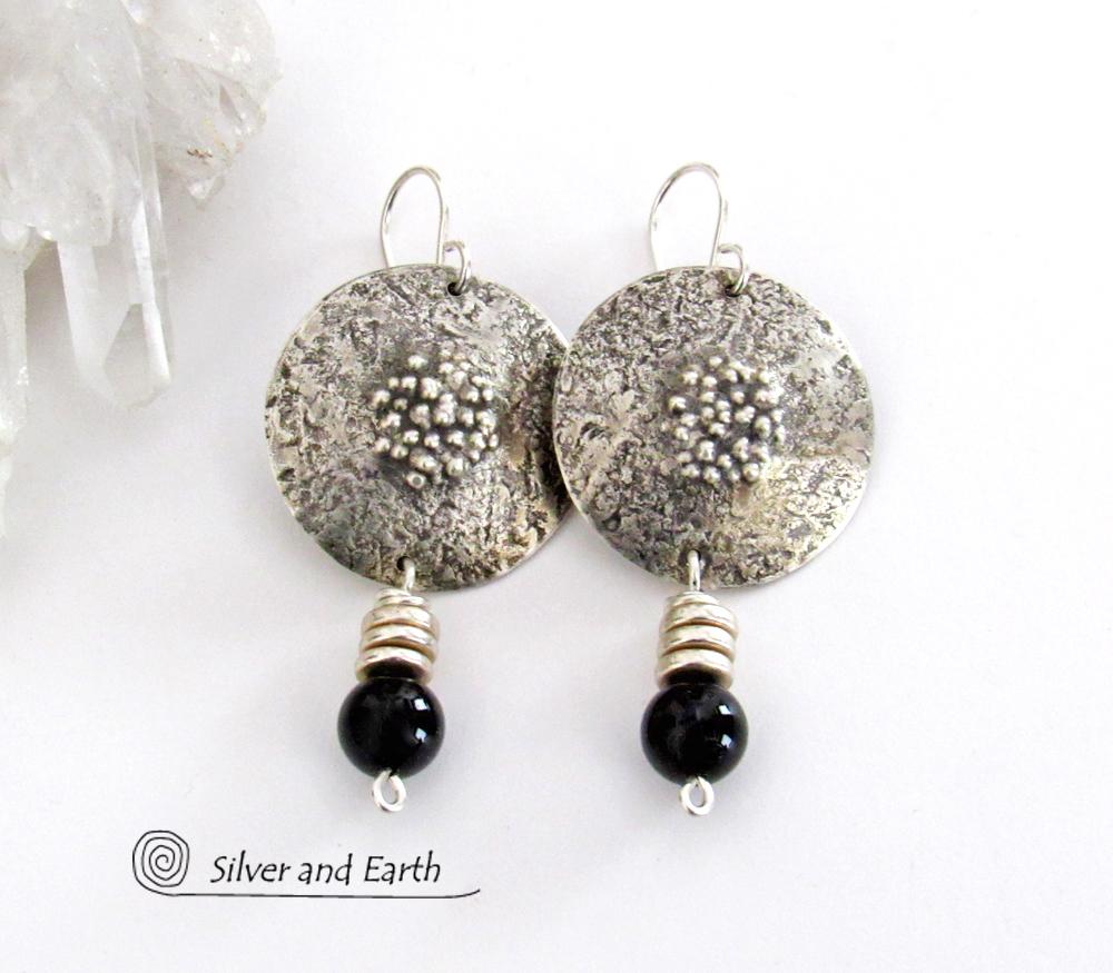 Textured Sterling Silver Earrings with Black Onyx - Chic Modern Stylish Jewelry