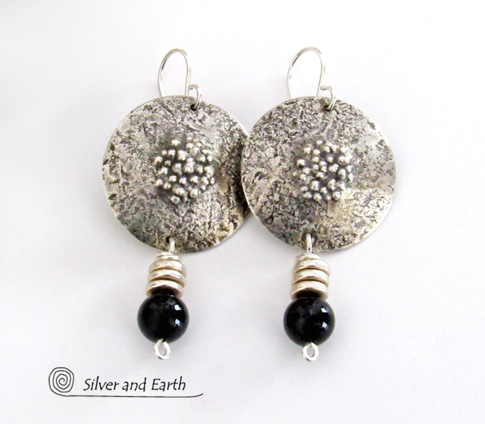 Textured Sterling Silver Earrings with Black Onyx - Chic Modern Stylish Jewelry