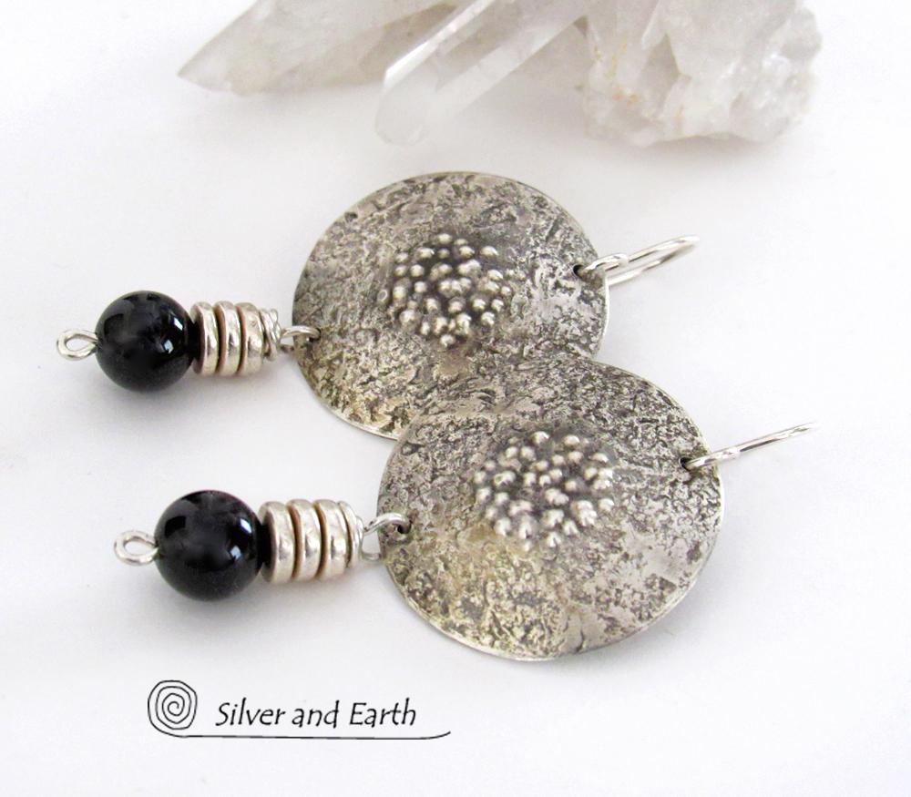 Textured Sterling Silver Earrings with Black Onyx - Chic Modern Stylish Jewelry