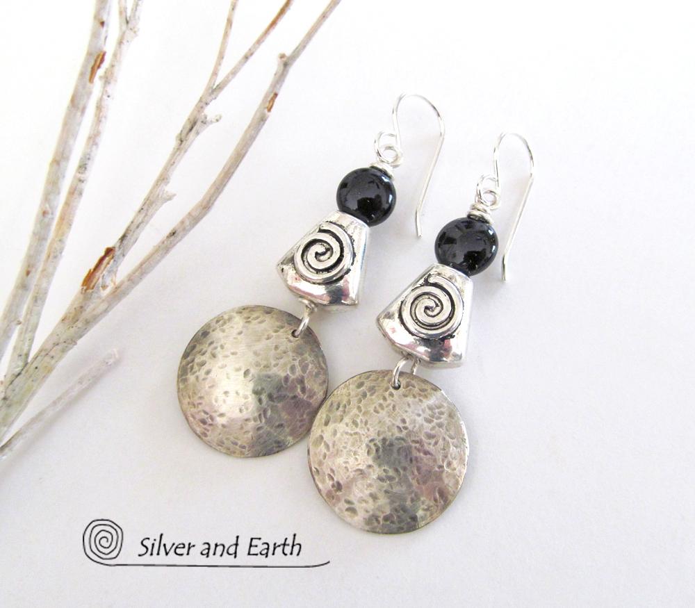 Hammered Sterling Silver Earrings with Spiral Beads & Black Onyx Stones