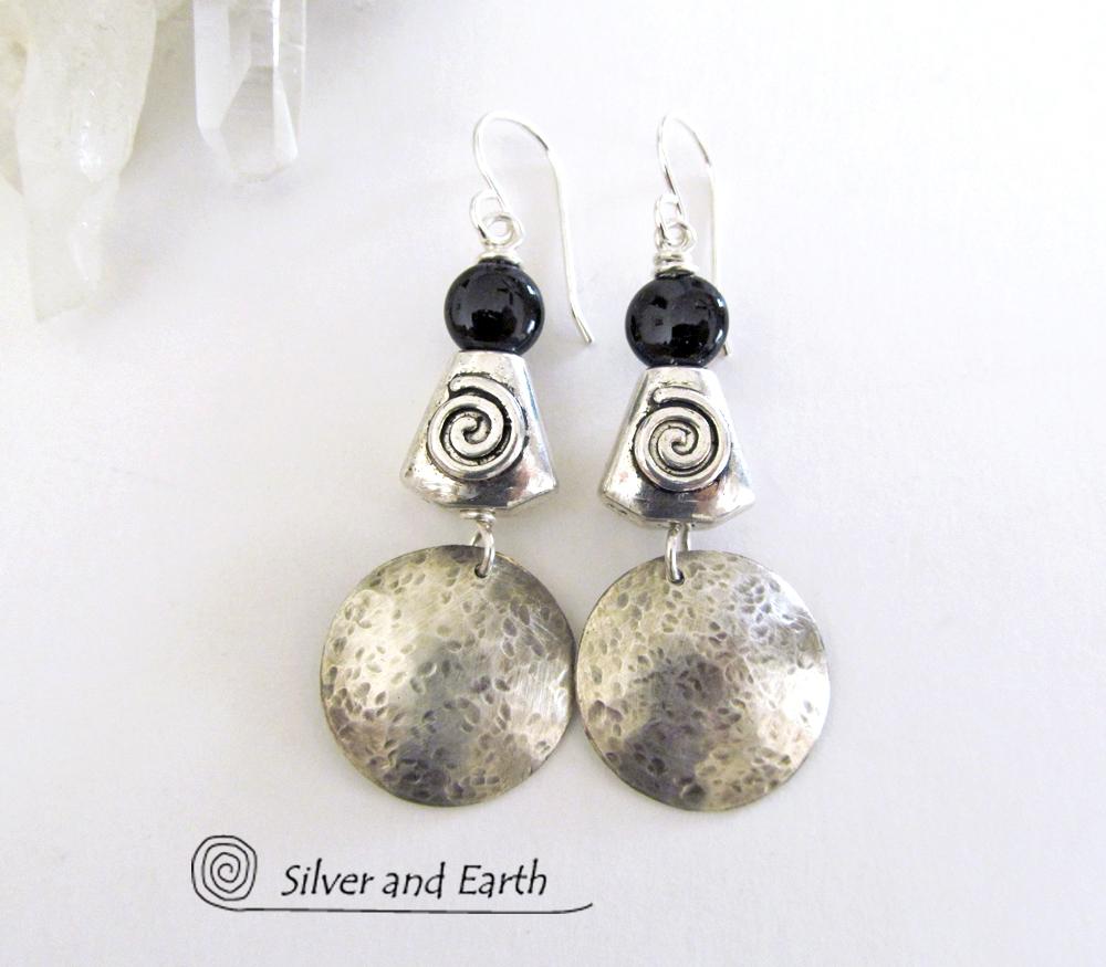 Hammered Sterling Silver Earrings with Spiral Beads & Black Onyx Stones