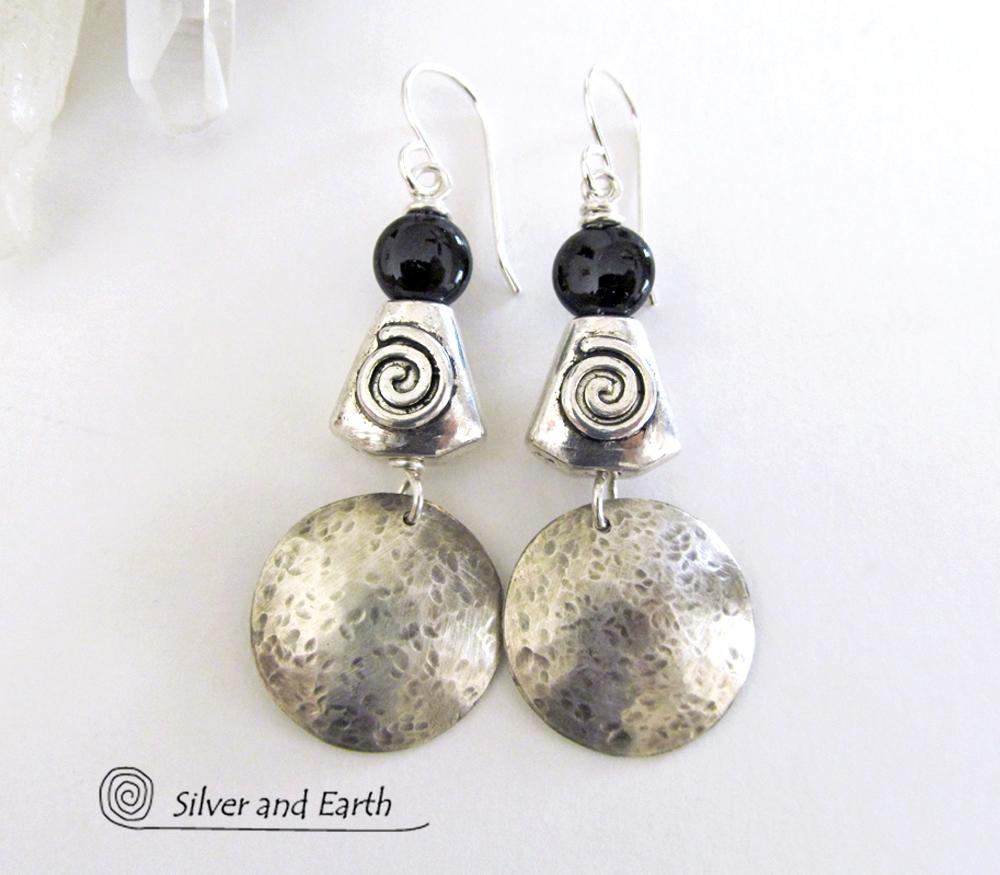 Hammered Sterling Silver Earrings with Spiral Beads & Black Onyx Stones
