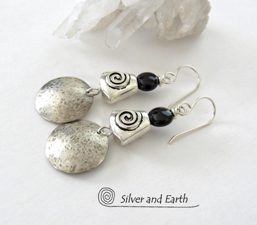 Hammered Sterling Silver Earrings with Spiral Beads & Black Onyx Stones