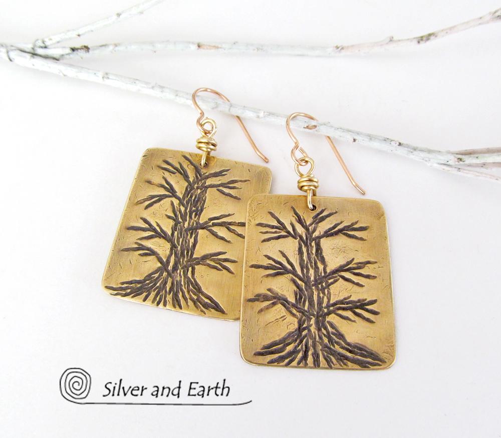 Hand Stamped Brass Tree Earrings - Handcrafted Tree of Life Nature Jewelry