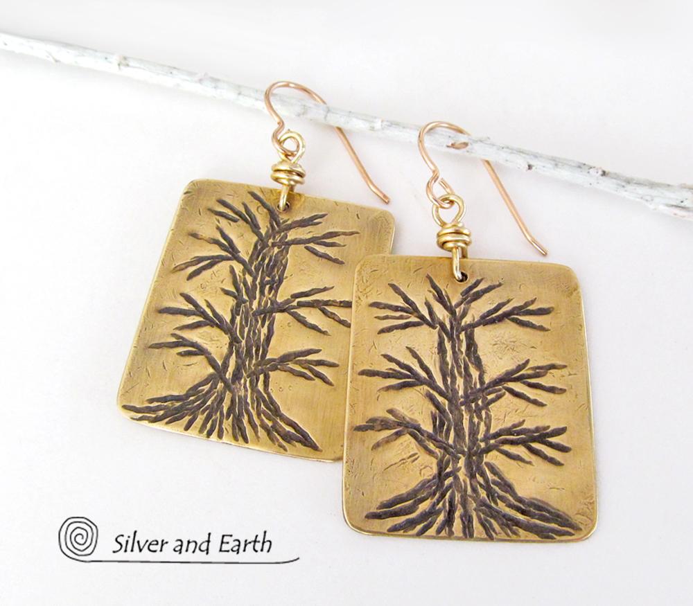 Hand Stamped Brass Tree Earrings - Handcrafted Tree of Life Nature Jewelry