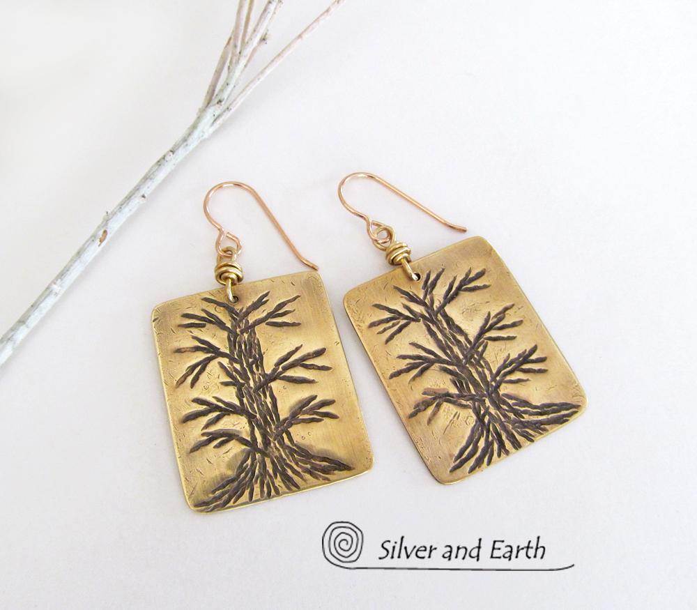 Hand Stamped Brass Tree Earrings - Handcrafted Tree of Life Nature Jewelry