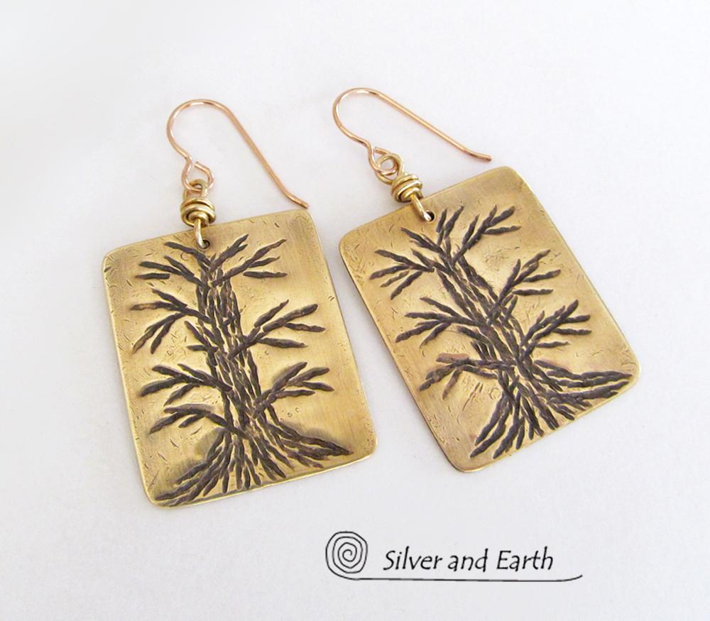 Hand Stamped Brass Tree Earrings - Handcrafted Tree of Life Nature Jewelry