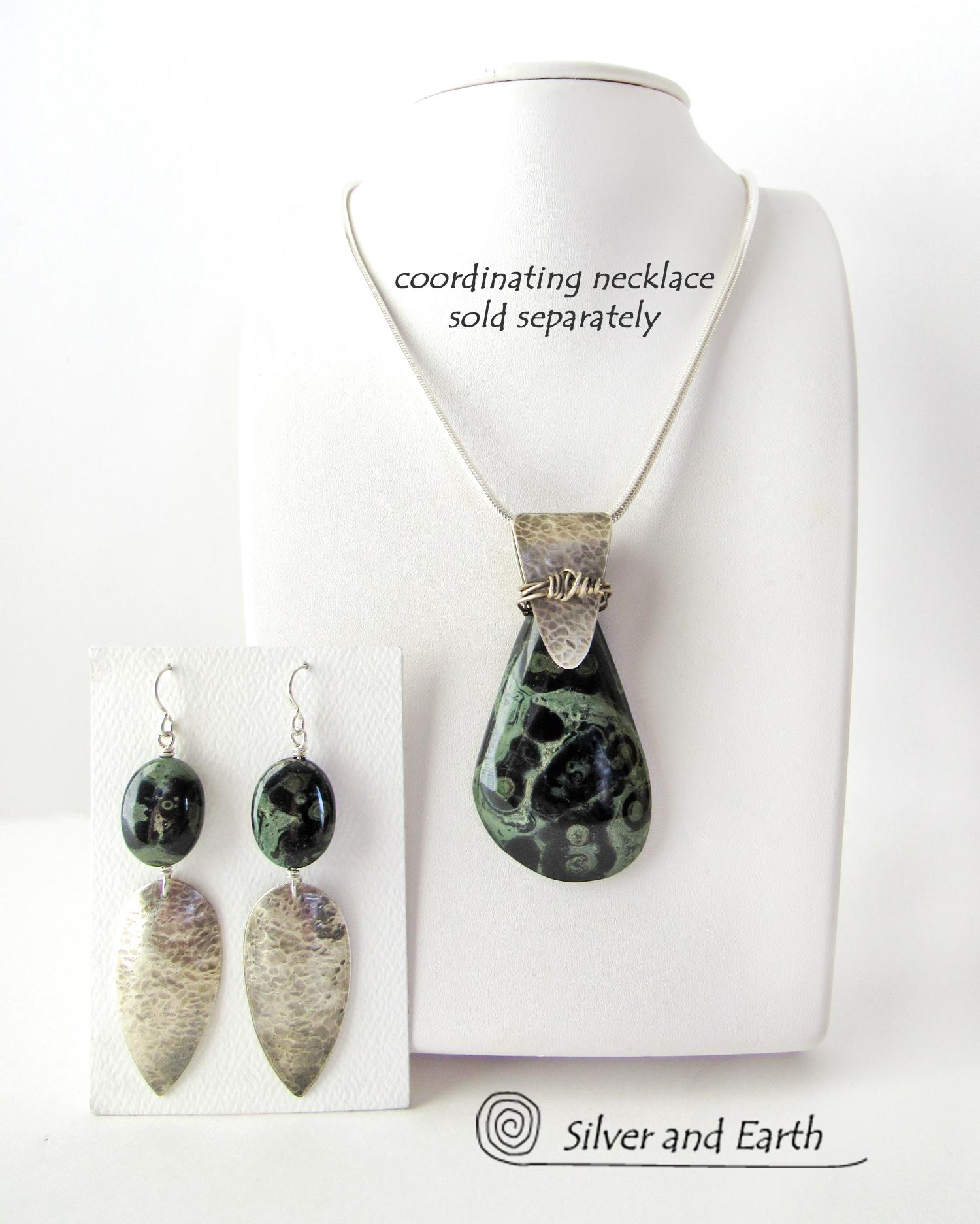 Long Hammered Sterling Silver Earrings with Kambaba Jasper Stones