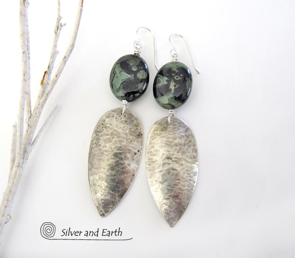 Long Hammered Sterling Silver Earrings with Kambaba Jasper Stones