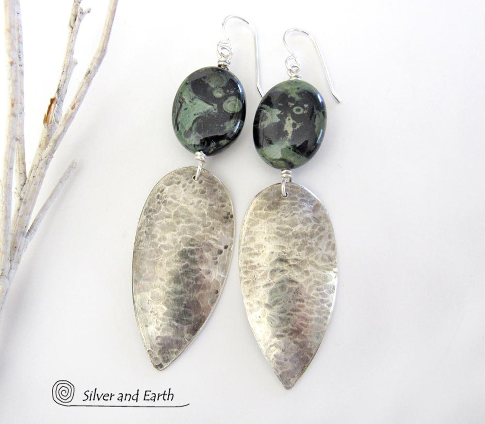 Long Hammered Sterling Silver Earrings with Kambaba Jasper Stones