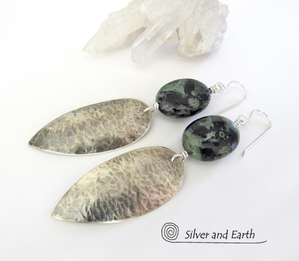 Long Hammered Sterling Silver Earrings with Kambaba Jasper Stones