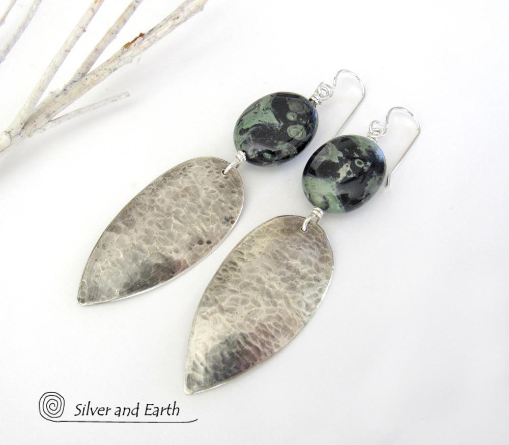 Long Hammered Sterling Silver Earrings with Kambaba Jasper Stones