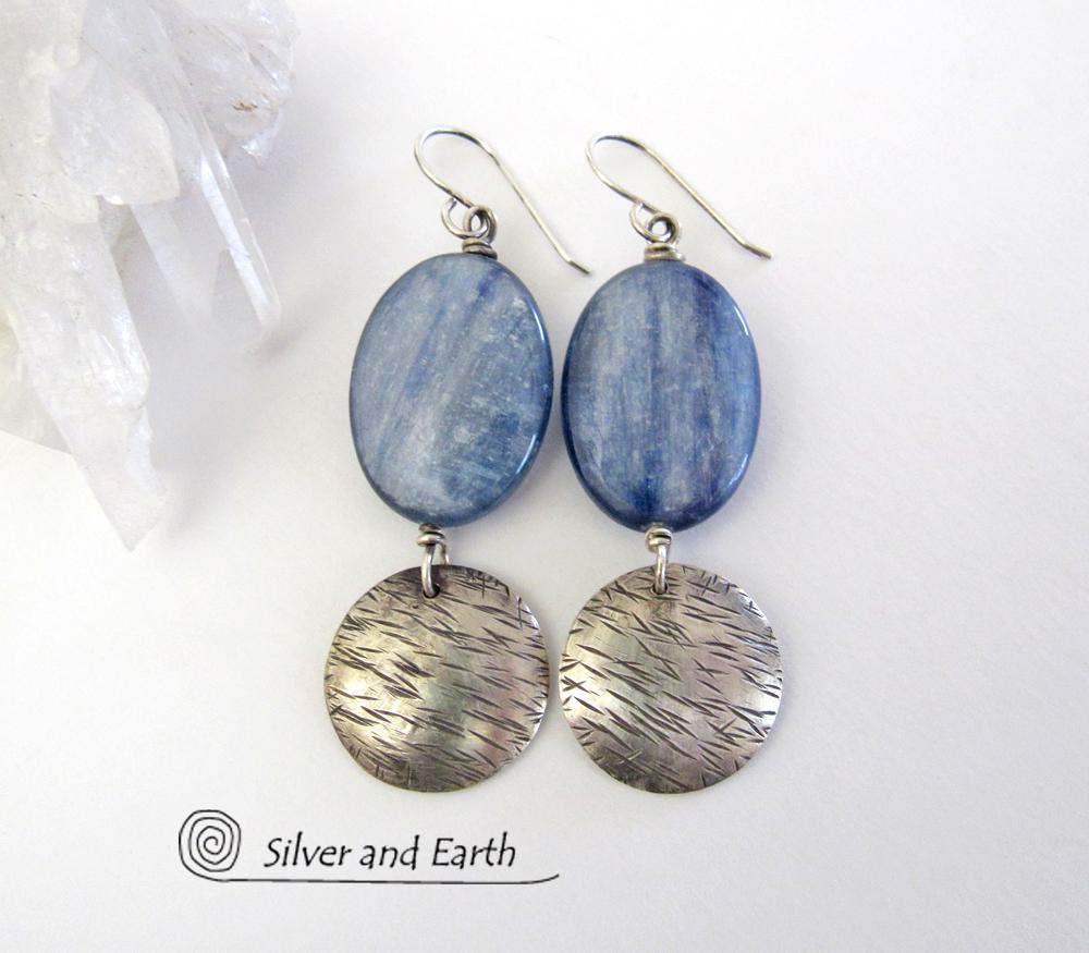 Blue Kyanite Earrings with Sterling Silver Dangles - Natural Gemstone Jewelry