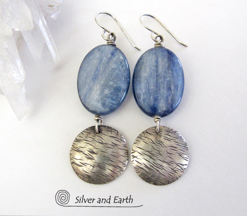 Blue Kyanite Earrings with Sterling Silver Dangles - Natural Gemstone Jewelry