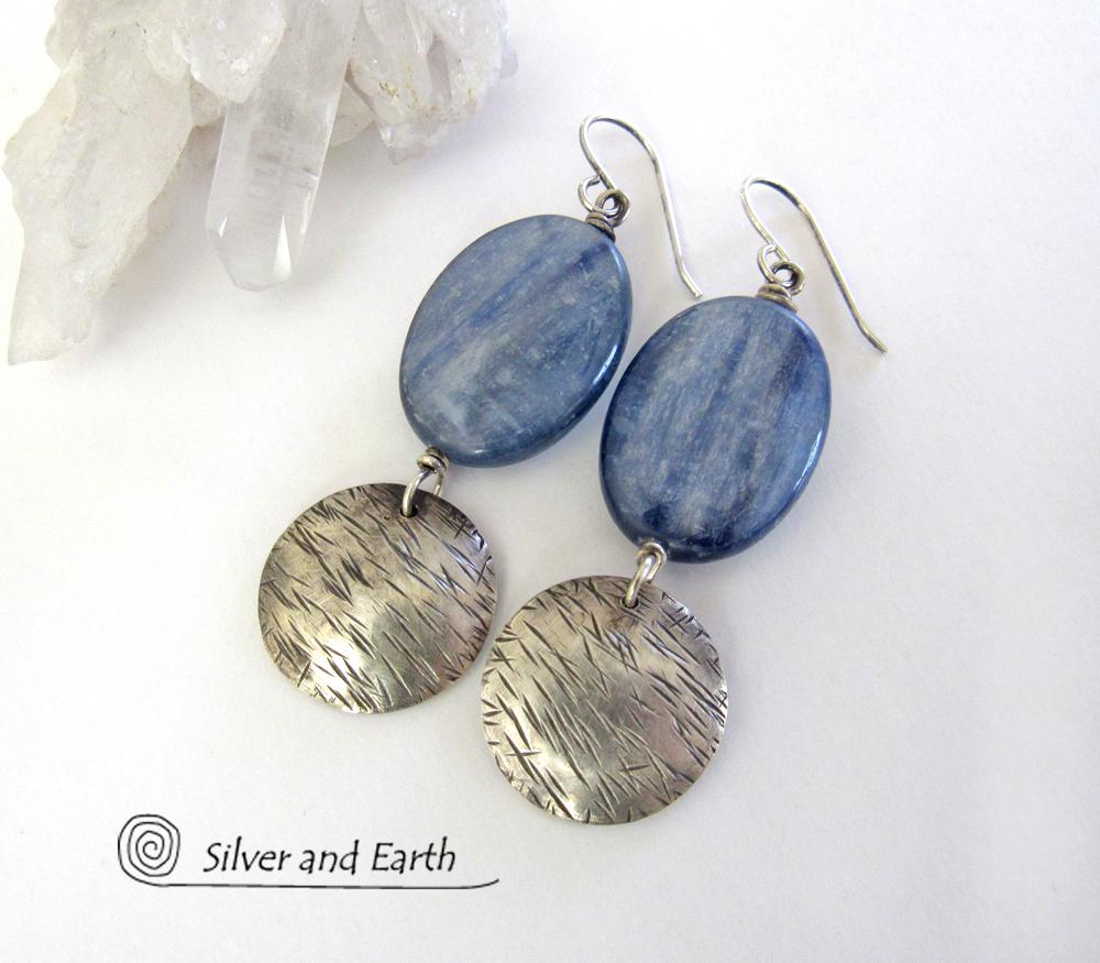 Blue Kyanite Earrings with Sterling Silver Dangles - Natural Gemstone Jewelry